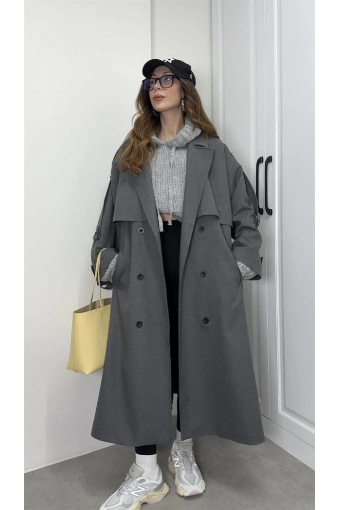 Voi Premium Yüksek Kalite Astarlı Antrasit Trençkot