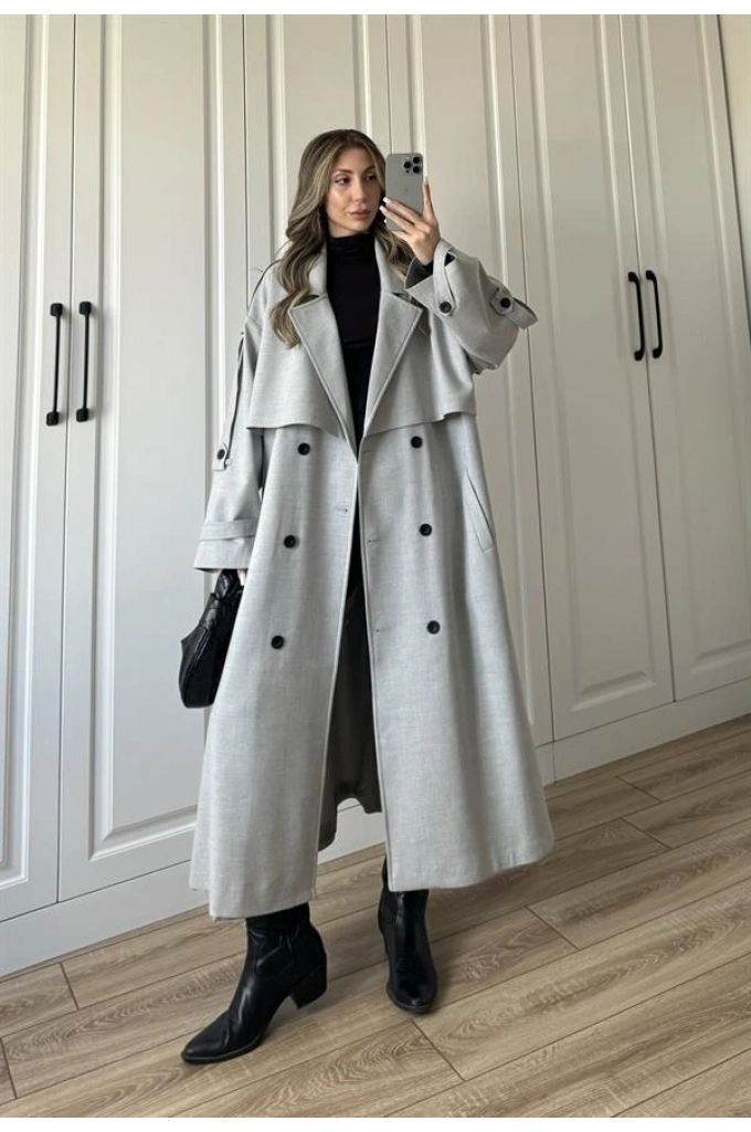 Voi Premium Yüksek Kalite Astarlı Gri Trençkot