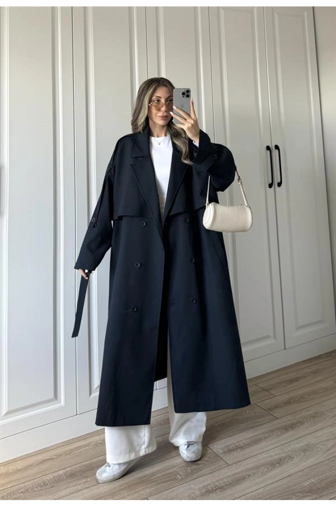 Voi Premium Yüksek Kalite Astarlı Lacivert Trençkot