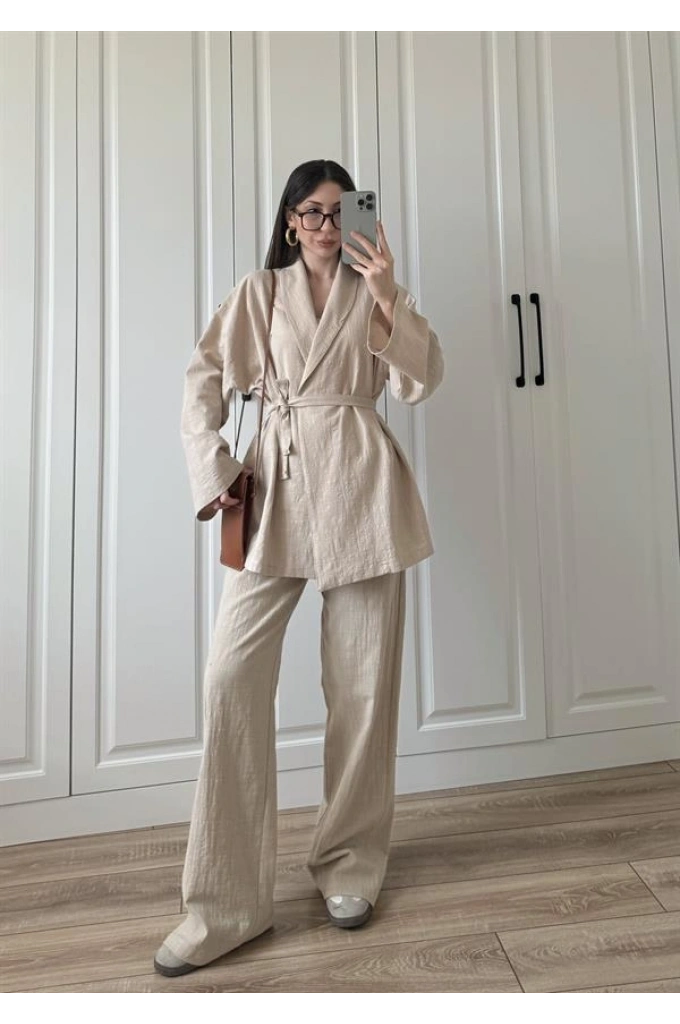 Vool Ham Keten Bej Kimono Takım