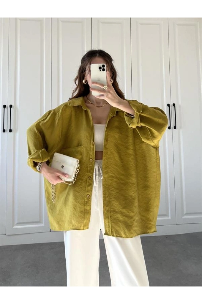 Yağ Yeşili Oversize Tensel Gömlek