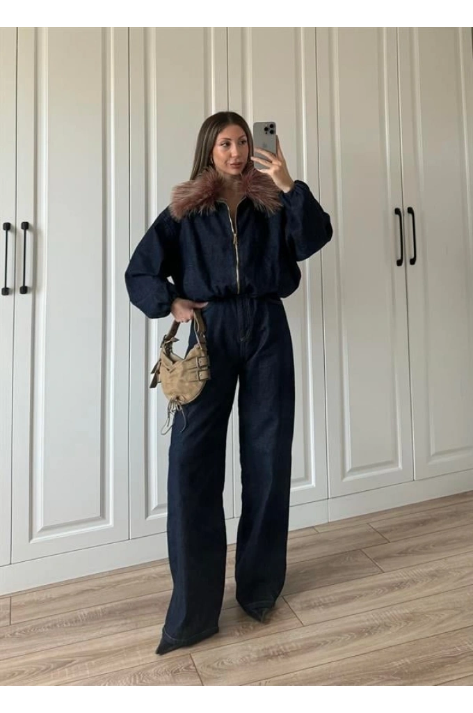 Yakası Çıkarılabilir Kürk Detaylı Denim Takım