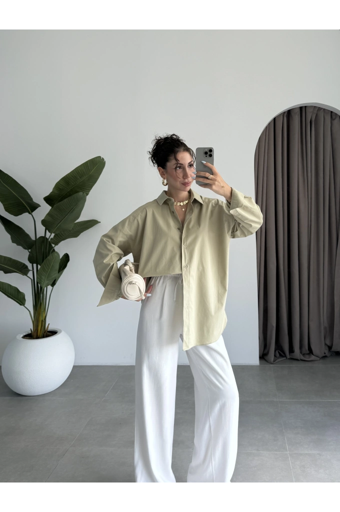 Yale Oversize Poplin Açık Haki Gömlek