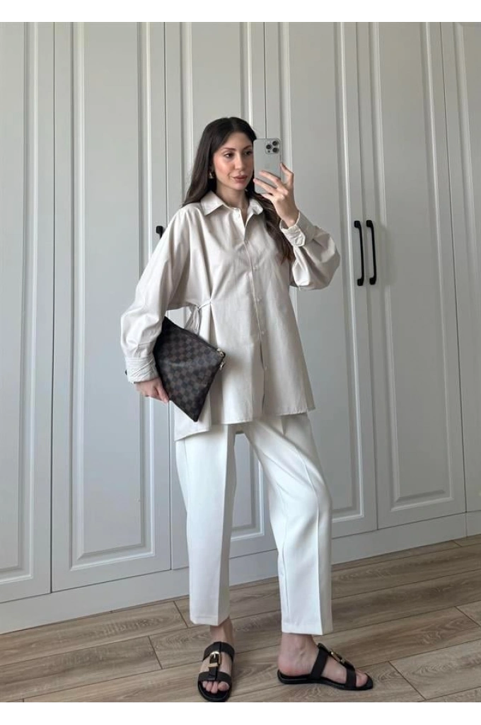 Yandan Bağlamalı Bej Poplin Gömlek