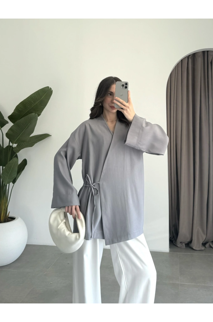 Yandan Bağlamalı Gri Tensel Kimono