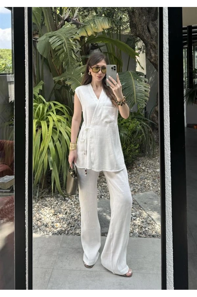 Yandan Bağlamalı Keten Yelek Kimono Takım