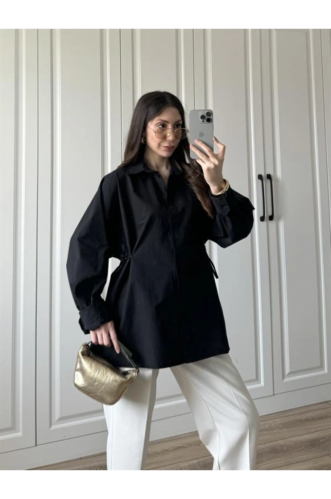 Yandan Bağlamalı Siyah Poplin Gömlek