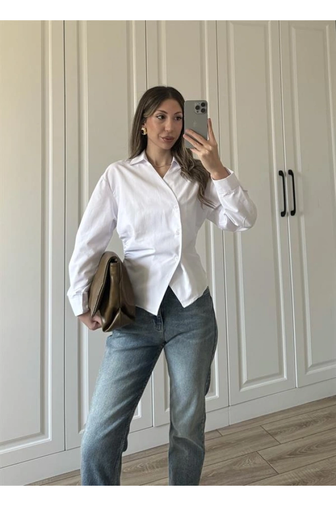 Yandan Düğmeli Çapraz Tasarım Beyaz Poplin Gömlek