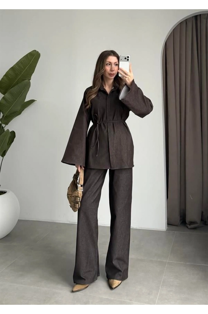 Yarasa Kol Kuşaklı Denim Kahve Takım