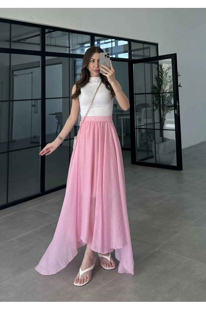 Yarım Astarlı Asimetrik Pembe Etek