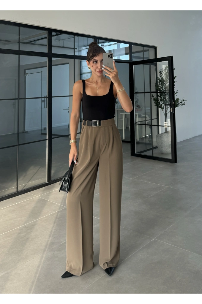 Yarım Kemerli Haki Palazzo Pantolon