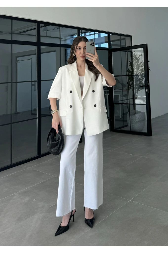 Yarımkol Astarlı Premium Beyaz Keten Ceket