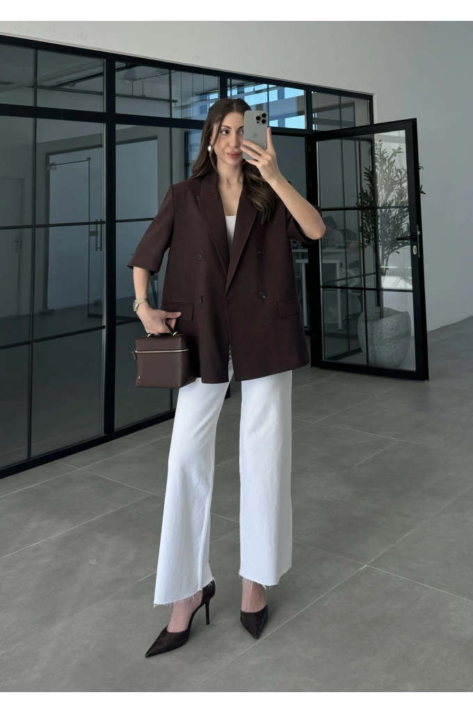 Yarımkol Astarlı Premium Kahve Keten Ceket