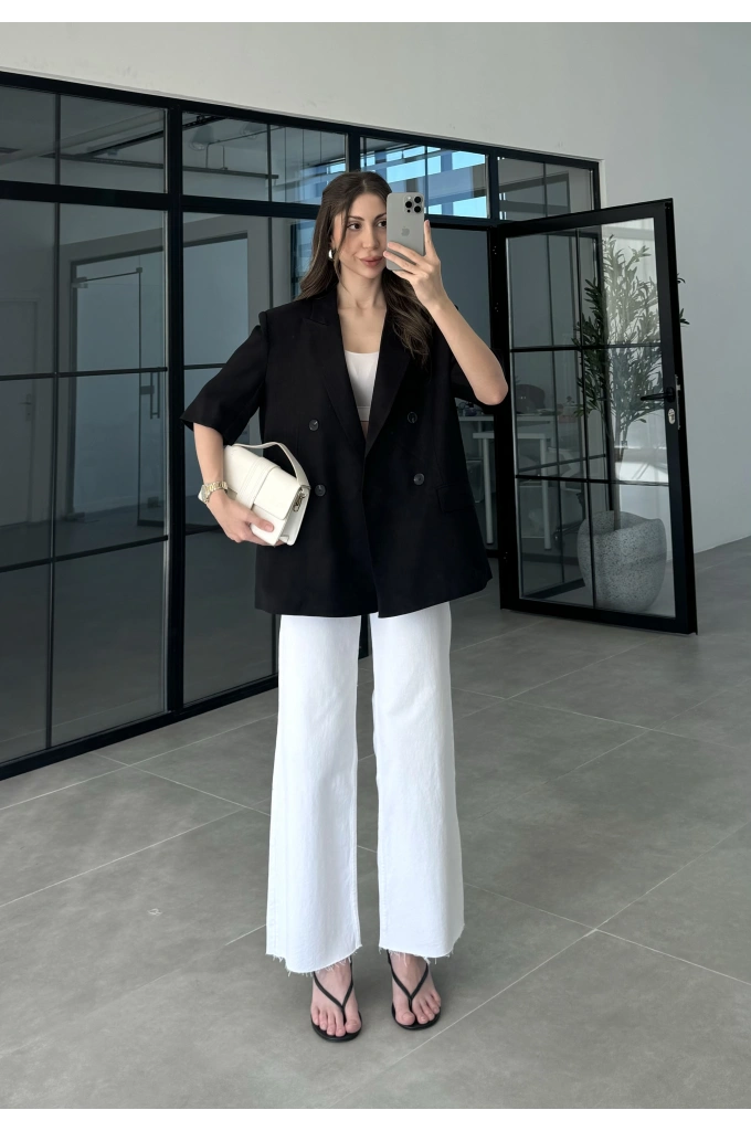 Yarımkol Astarlı Premium Siyah Keten Ceket