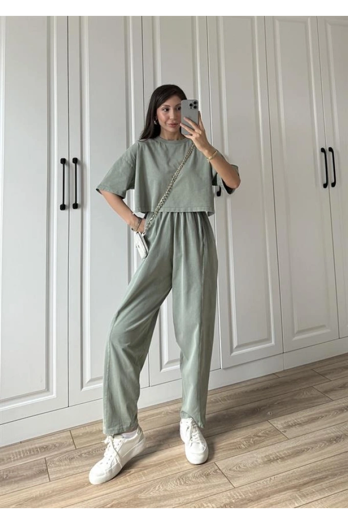 Yıkamalı Crop Haki Şalvar Takım