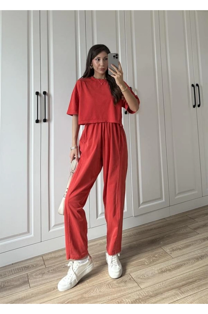 Yıkamalı Crop Kırmızı Şalvar Takım