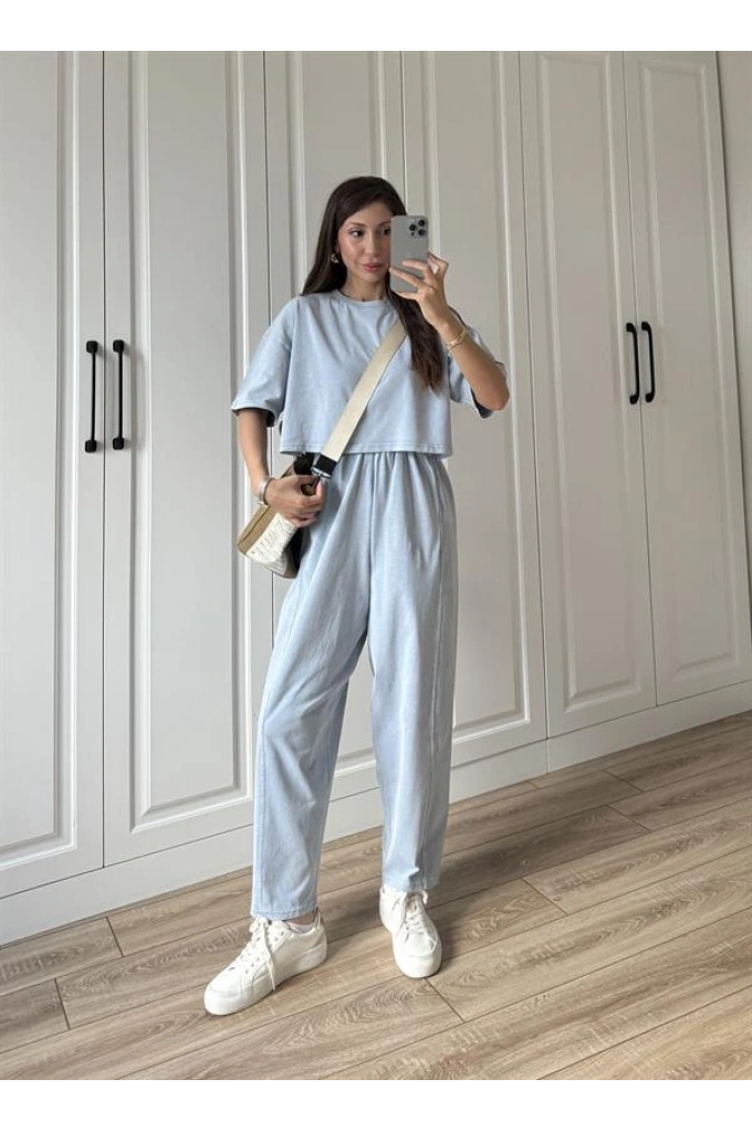 Yıkamalı Crop Mavi Şalvar Takım