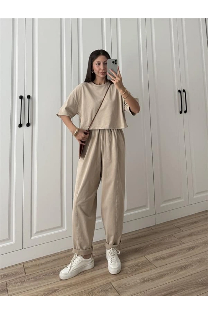 Yıkamalı Crop Taş Şalvar Takım