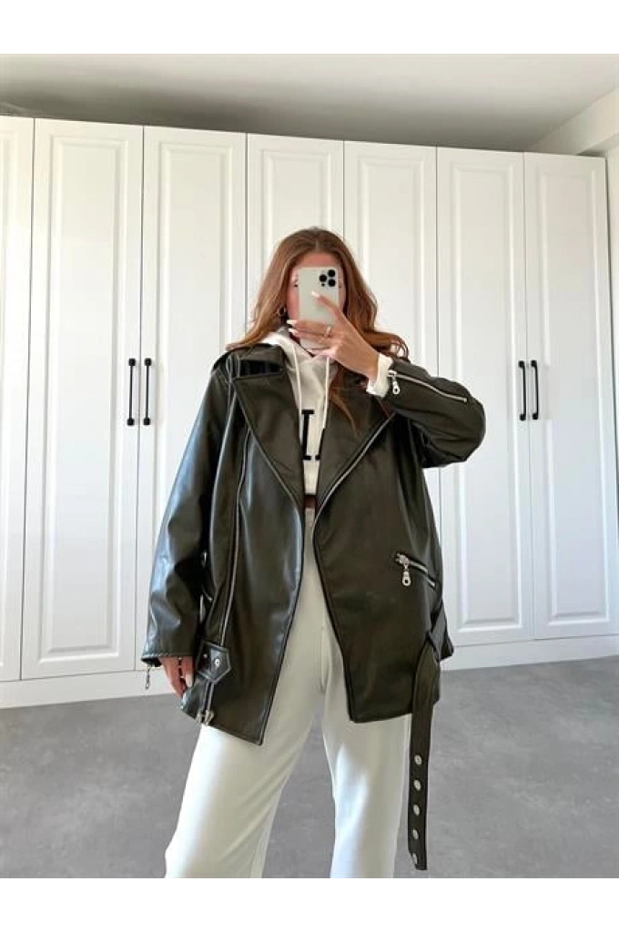 Zara Model Haki Deri Biker Ceket