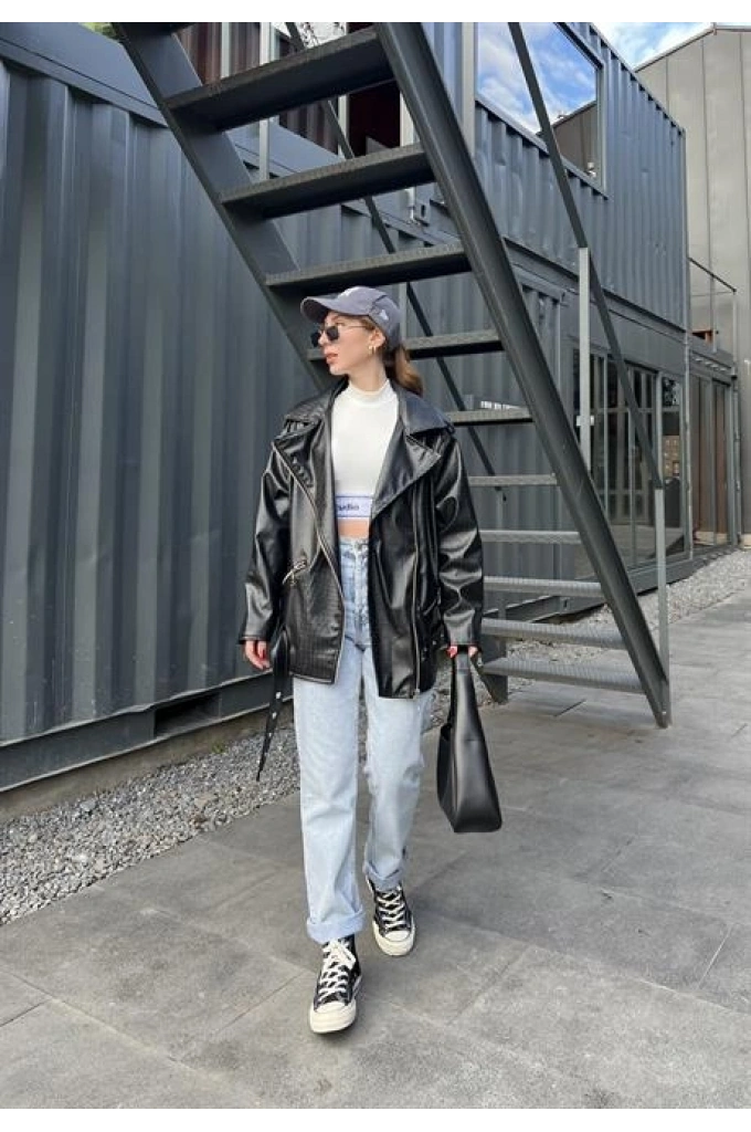 Zara Model Siyah Timsah Desenli Deri Biker Ceket