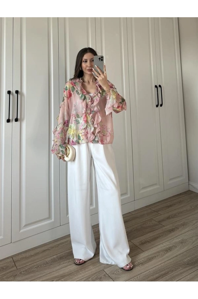 Zr Model Çiçek Desenli Fırfırlı Gömlek Bluz