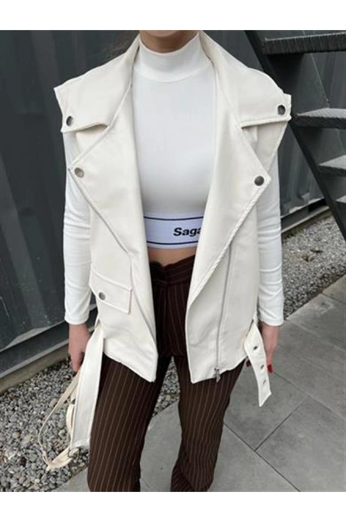 Zr Model Ekru Deri Biker Yelek