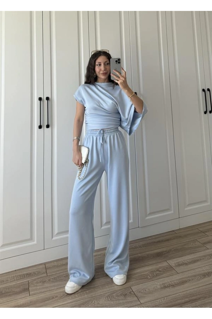 Zr Model Modal Kumaş Tek Kol Yarasa Bebe Mavi Büzgülü Takım