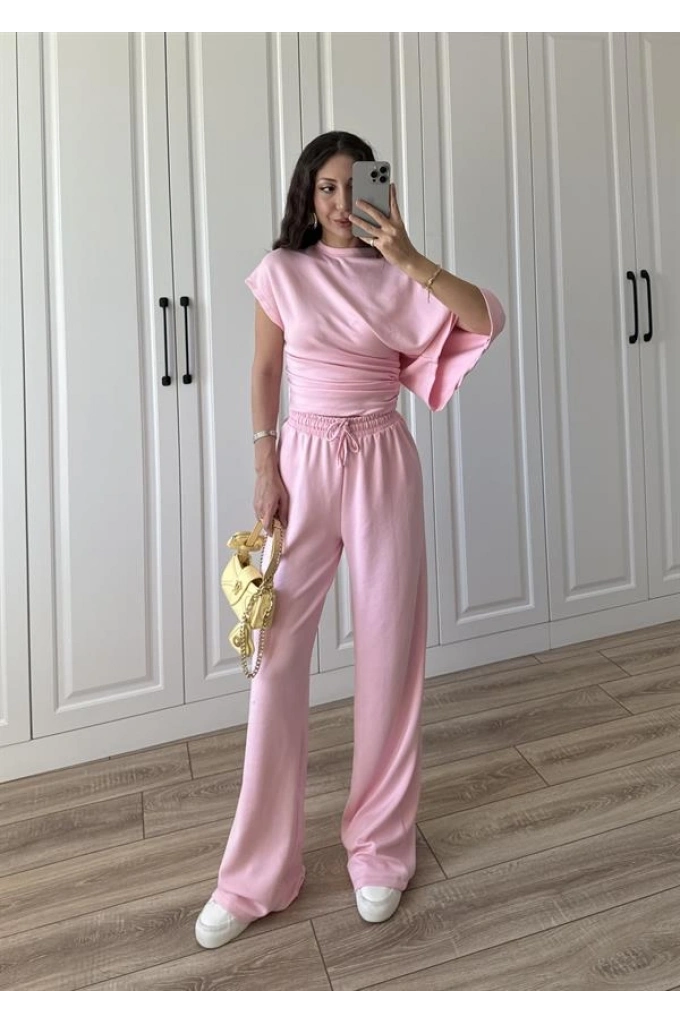 Zr Model Modal Kumaş Tek Kol Yarasa Pembe Büzgülü Takım
