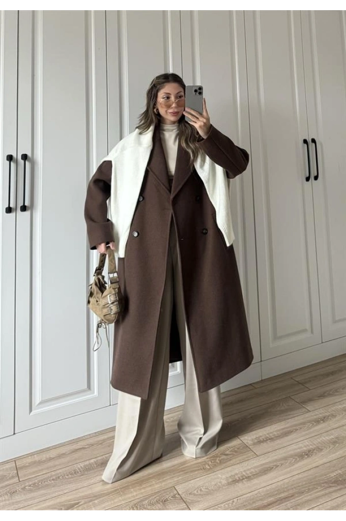 Zr Model Oversize Kahve Kaşe Kaban