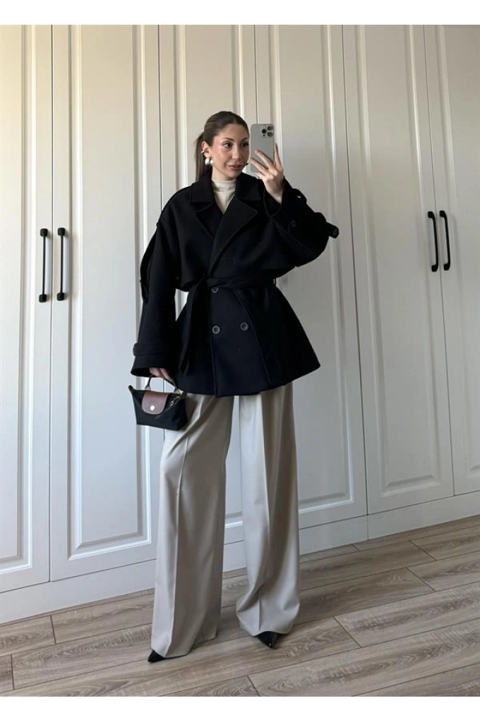 Zr Model Rose Oversize Siyah Kaşe Kaban