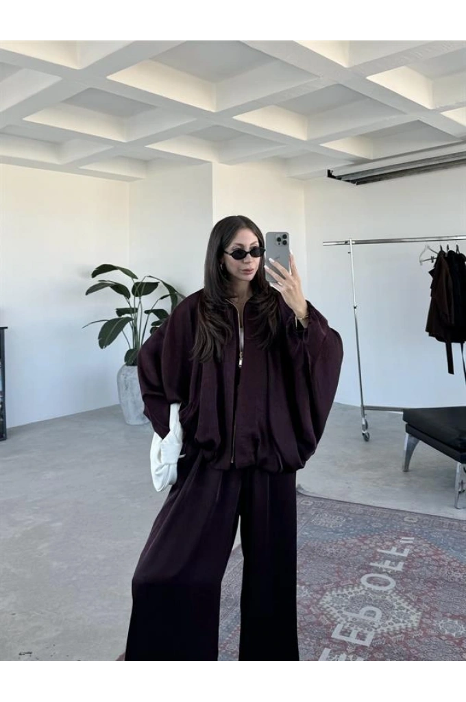 Zr Saten Oversize Bordo Bomber Ceket