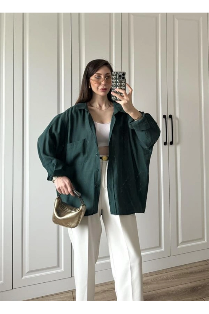 Zümrüt Yeşilİ Oversize Tensel Gömlek