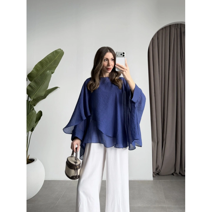 Uçuşan Pelerin Lacivert Tül Bluz