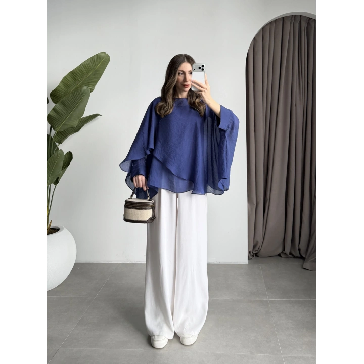 Uçuşan Pelerin Lacivert Tül Bluz