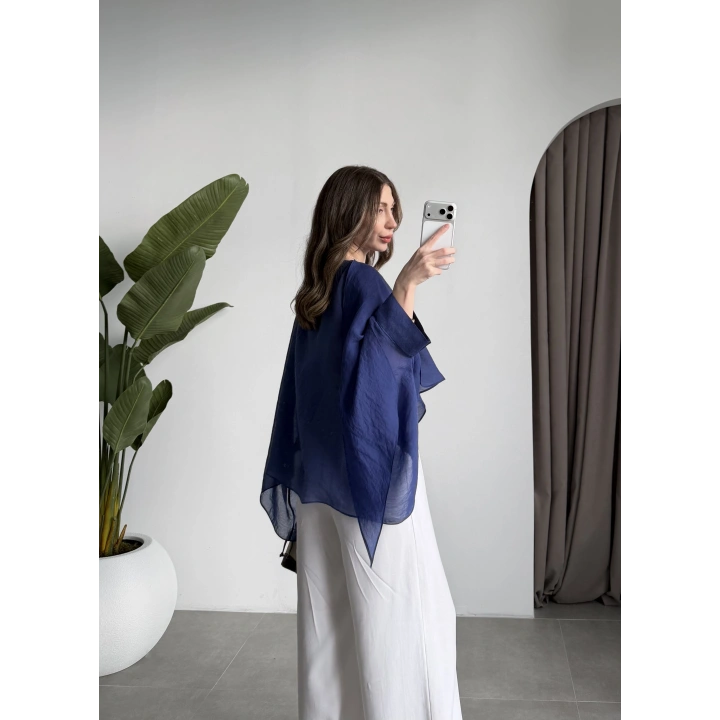 Uçuşan Pelerin Lacivert Tül Bluz
