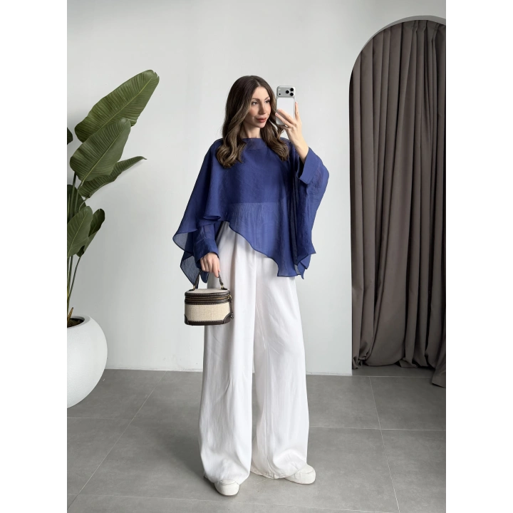 Uçuşan Pelerin Lacivert Tül Bluz