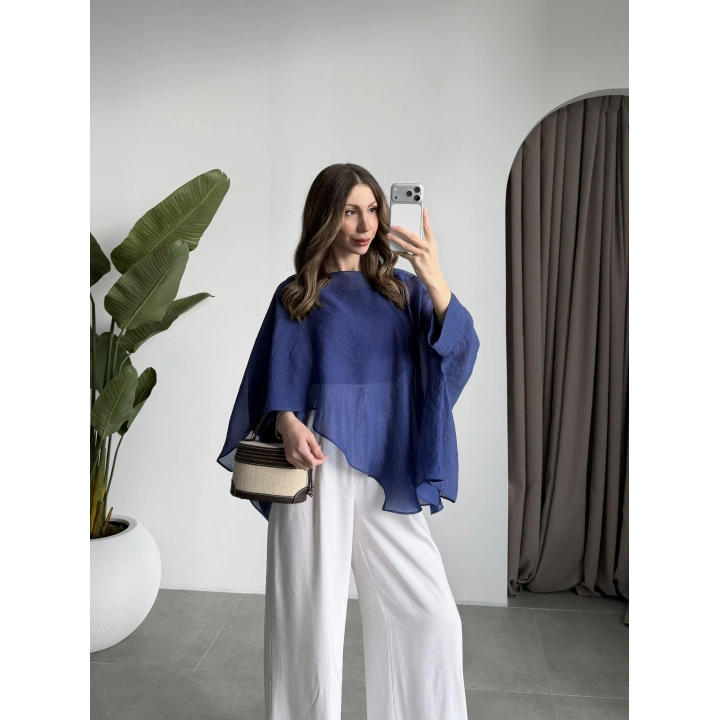 Uçuşan Pelerin Lacivert Tül Bluz