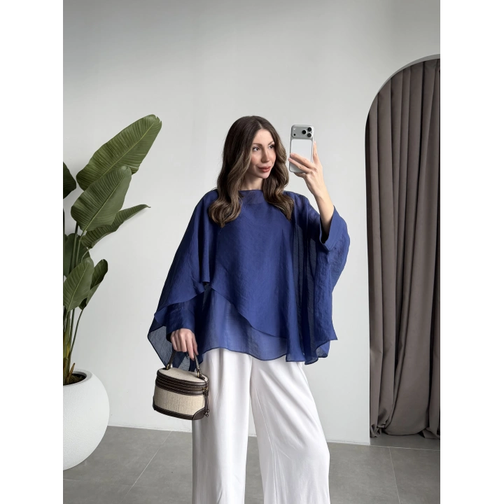 Uçuşan Pelerin Lacivert Tül Bluz