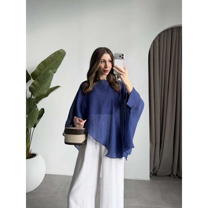 Uçuşan Pelerin Lacivert Tül Bluz