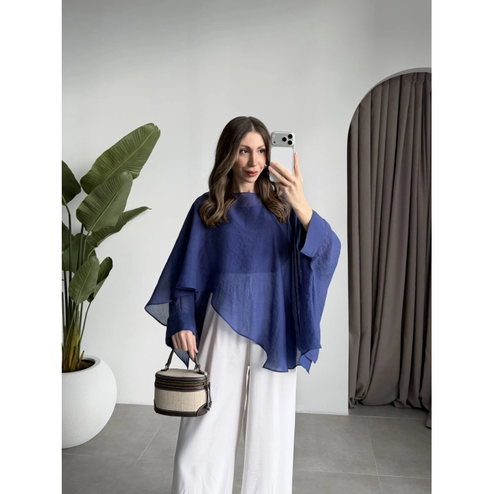 Uçuşan Pelerin Lacivert Tül Bluz