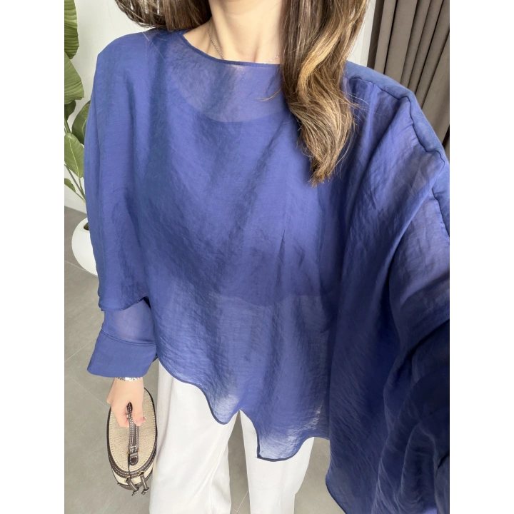 Uçuşan Pelerin Lacivert Tül Bluz