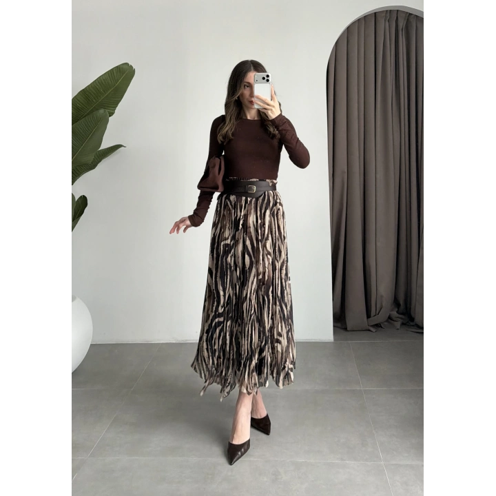 Parçalı Tasarım Astarlı Kahve Siyah Etek