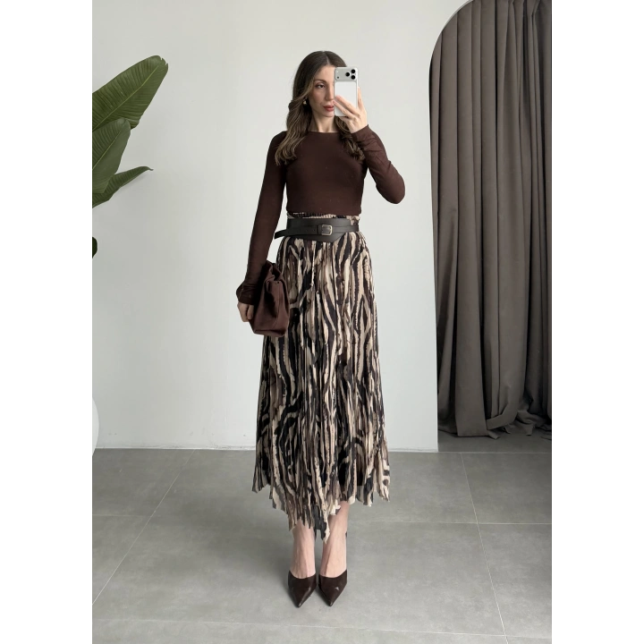 Parçalı Tasarım Astarlı Kahve Siyah Etek