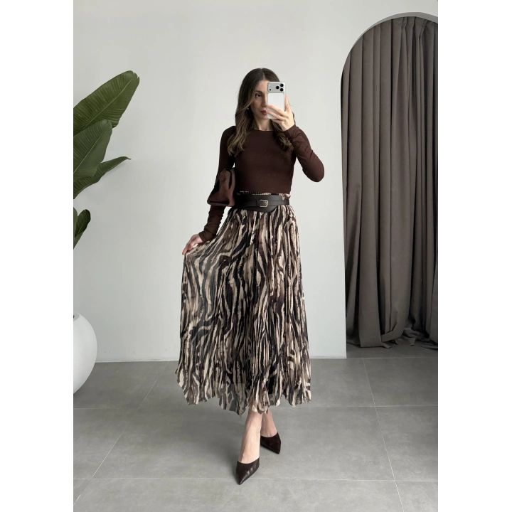 Parçalı Tasarım Astarlı Kahve Siyah Etek