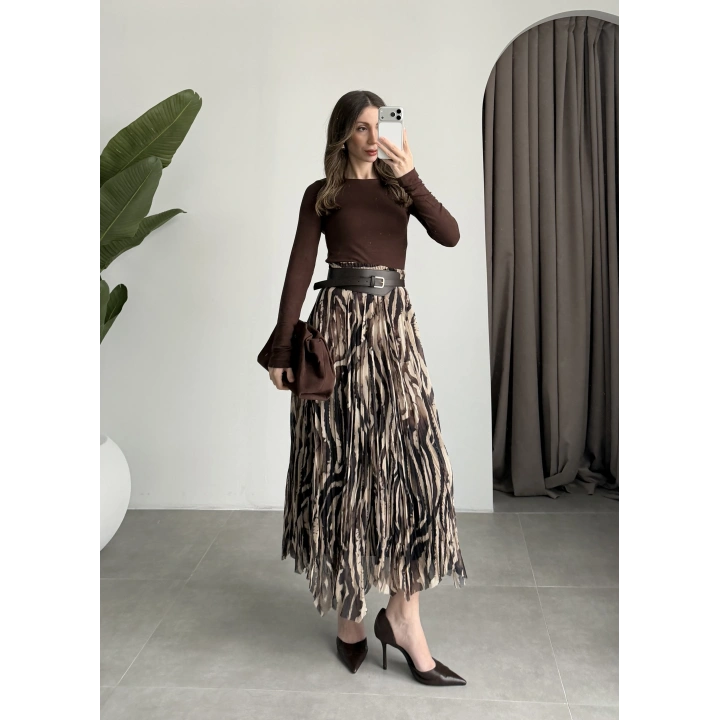 Parçalı Tasarım Astarlı Kahve Siyah Etek