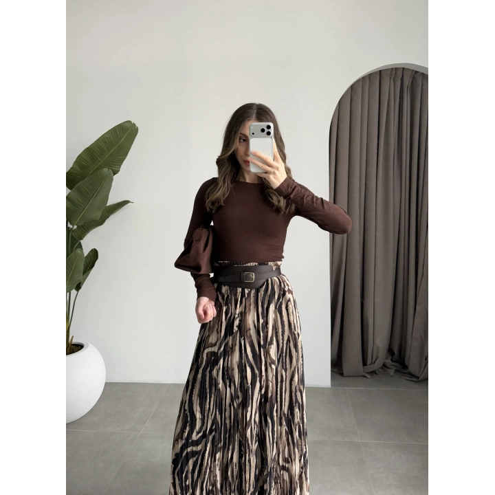 Parçalı Tasarım Astarlı Kahve Siyah Etek