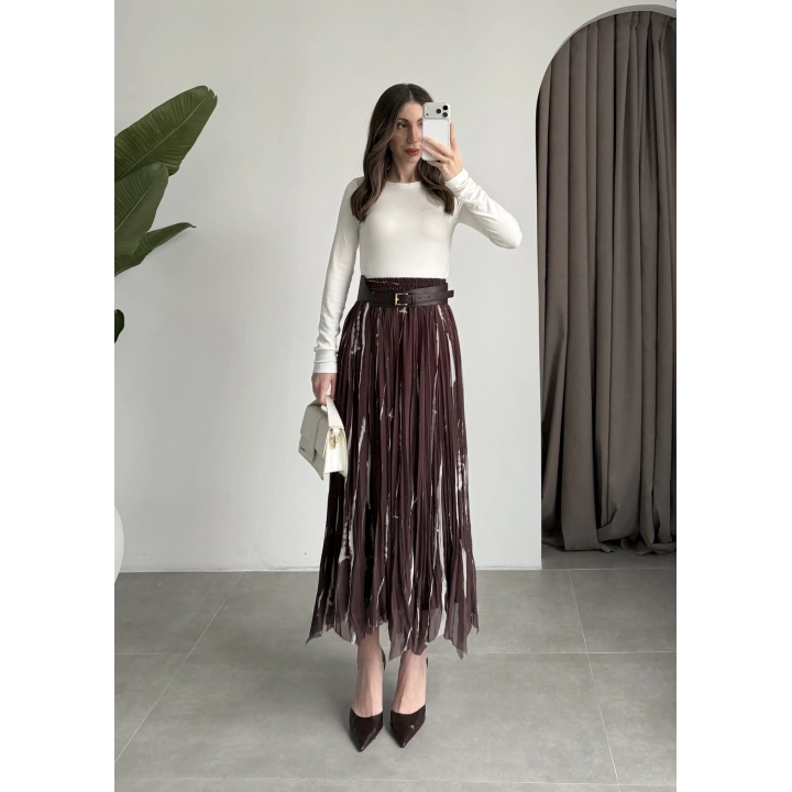 Parçalı Tasarım Astarlı Kahve Krem Etek