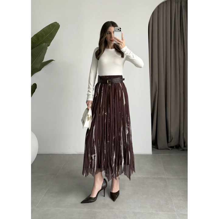 Parçalı Tasarım Astarlı Kahve Krem Etek