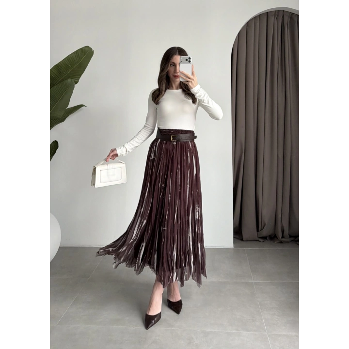 Parçalı Tasarım Astarlı Kahve Krem Etek