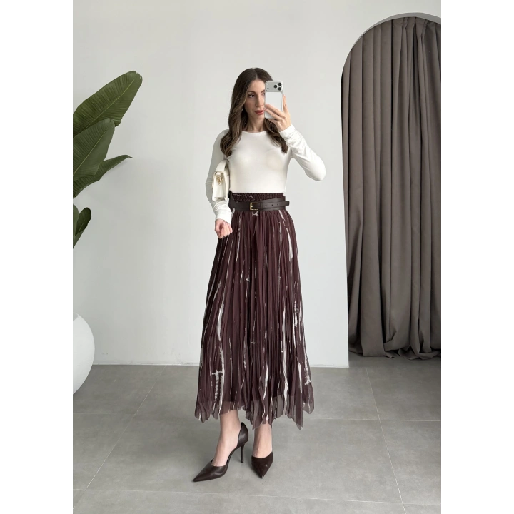 Parçalı Tasarım Astarlı Kahve Krem Etek